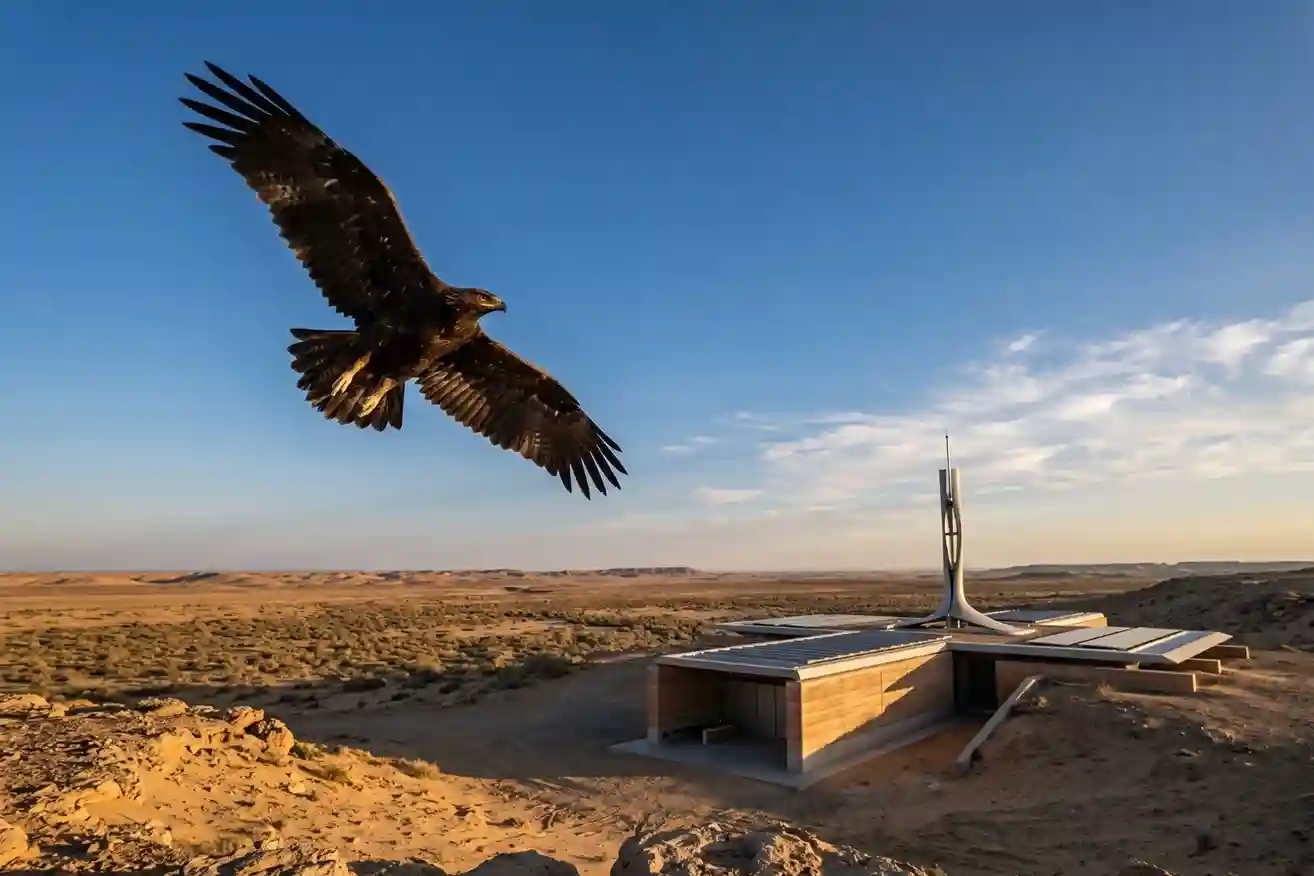 A high-resolution photo of a migratory bird in flight over the Imam Turki bin Abdullah Royal Reserve in Saudi Arabia.