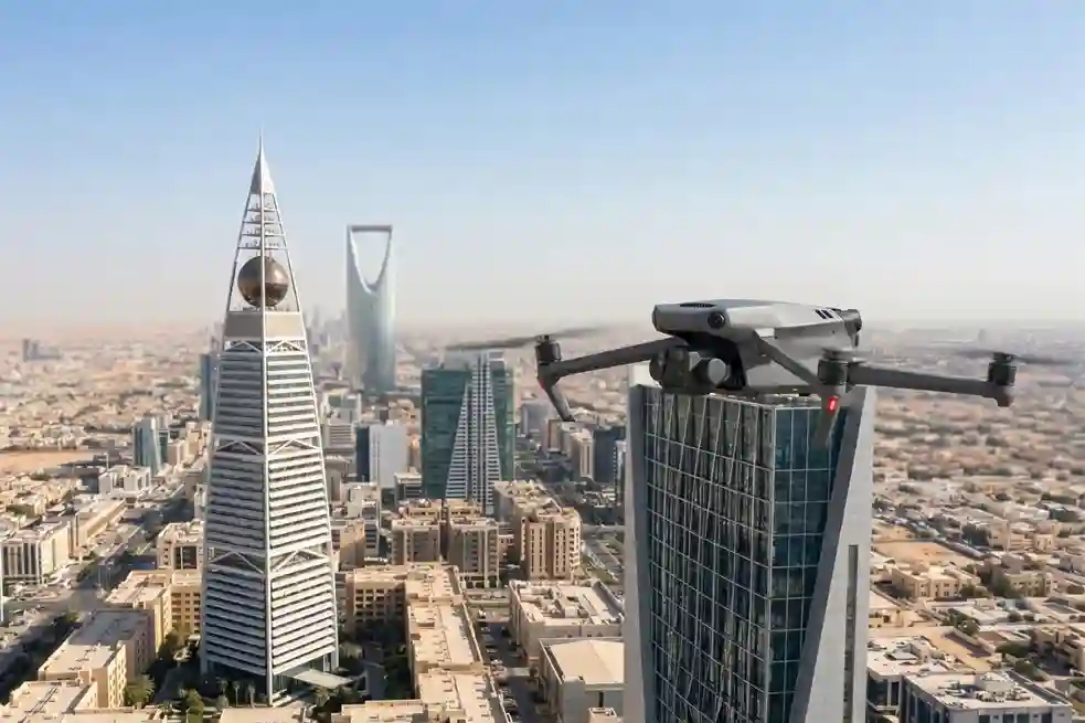 A high-angle aerial view of a modern skyscraper in a desert city like Riyadh with a DJI Mavic 3 Thermal drone in the foreground performing a scan.