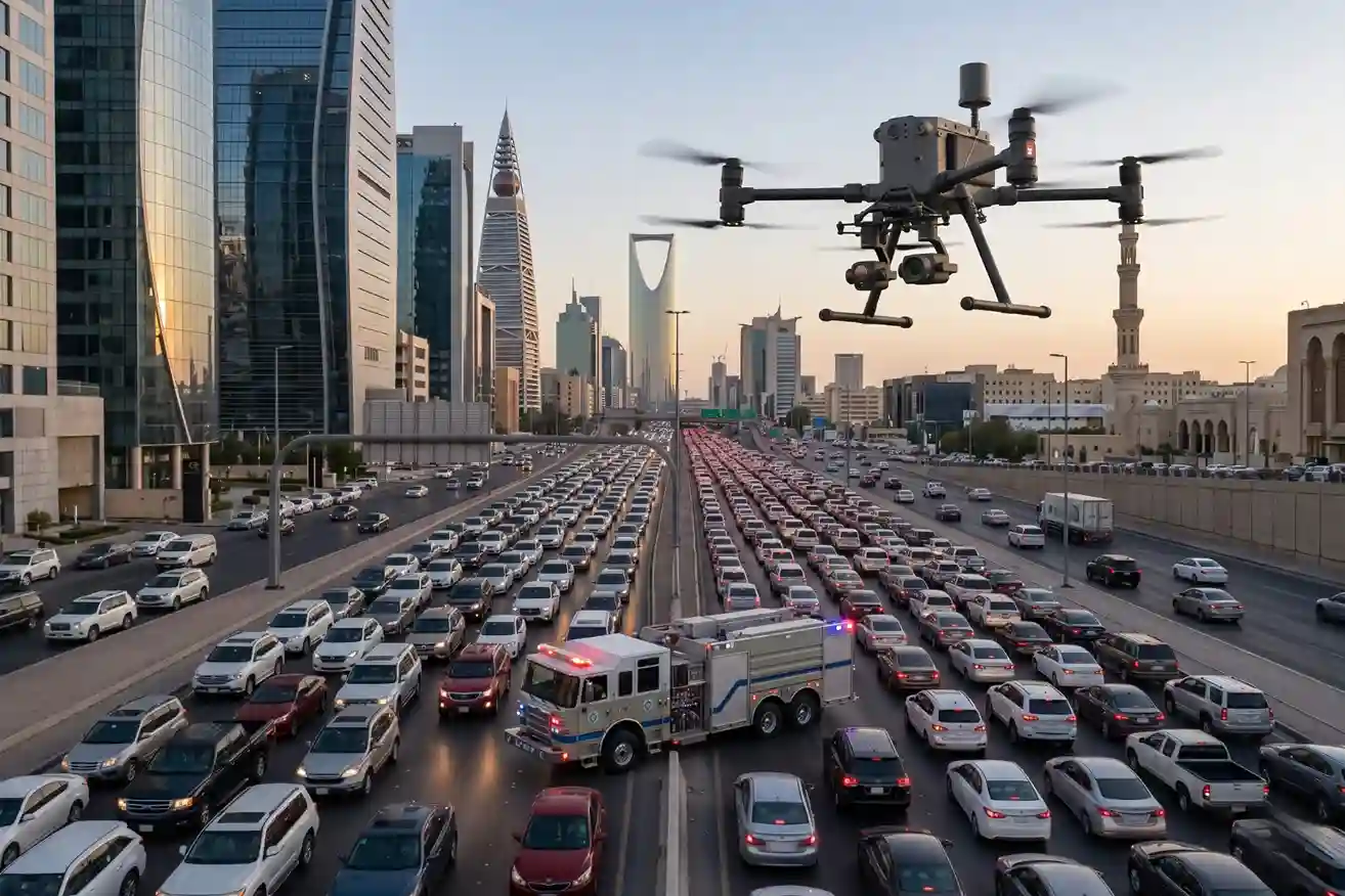 A split-screen graphic showing a fire truck trapped in heavy city traffic on one side and a drone flying freely above the buildings on the other.