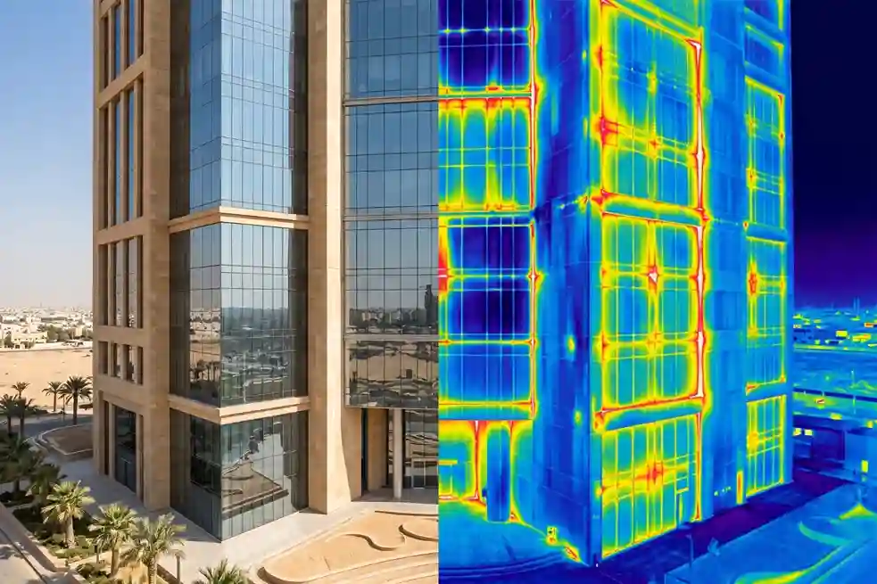 A close-up graphic of a thermal scan pinpointing a "thermal bridge" or insulation defect on a warehouse roof with temperature callouts in degrees Celsius.