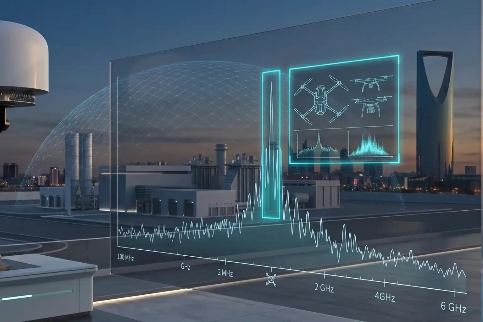 A high-definition monitor displaying a radio frequency (RF) spectrum scan with a highlighted "Drone Signature" match.