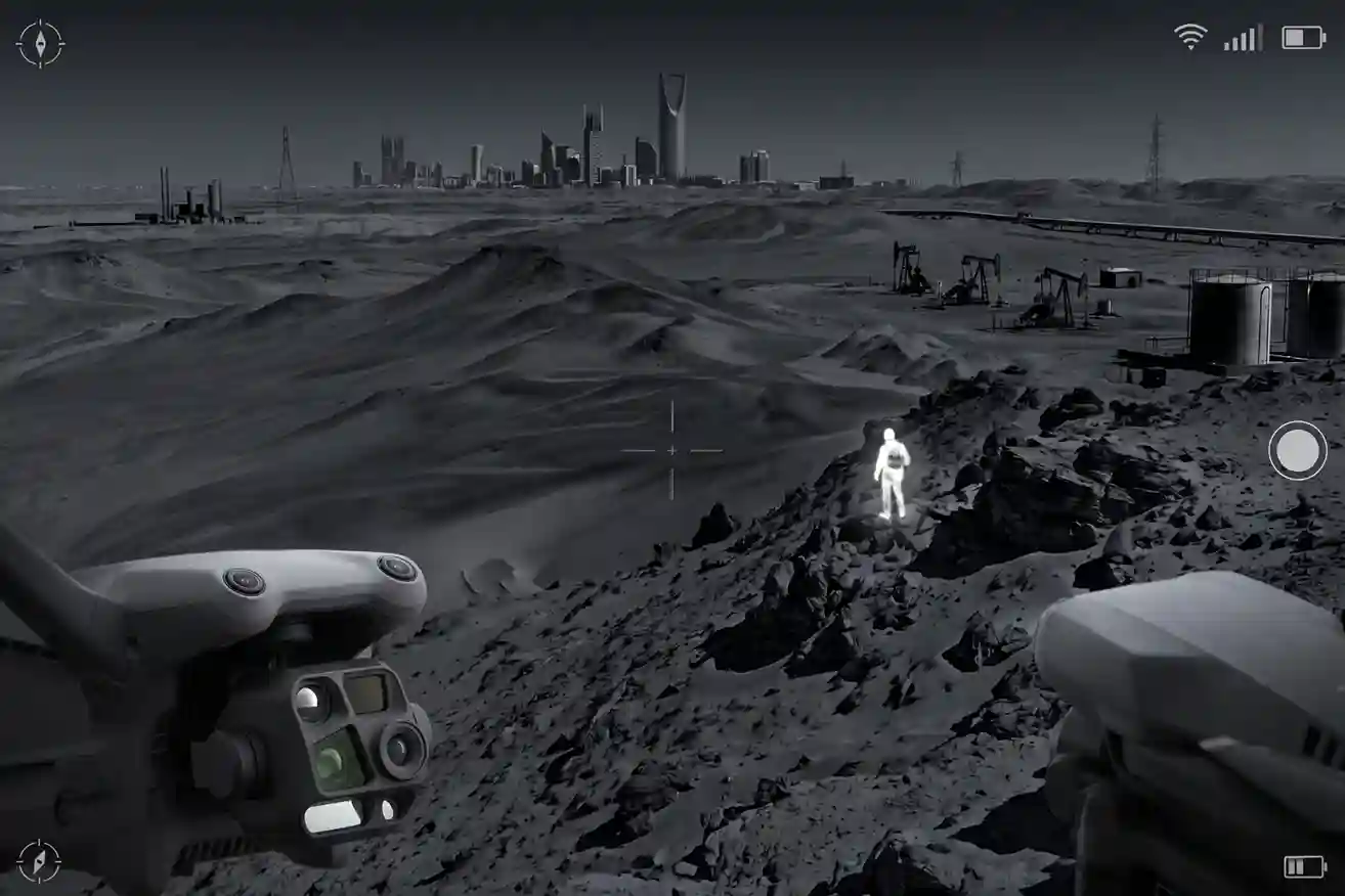 A view from a Matrice 4TD thermal camera showing a bright human heat signature against a cold, dark desert background.