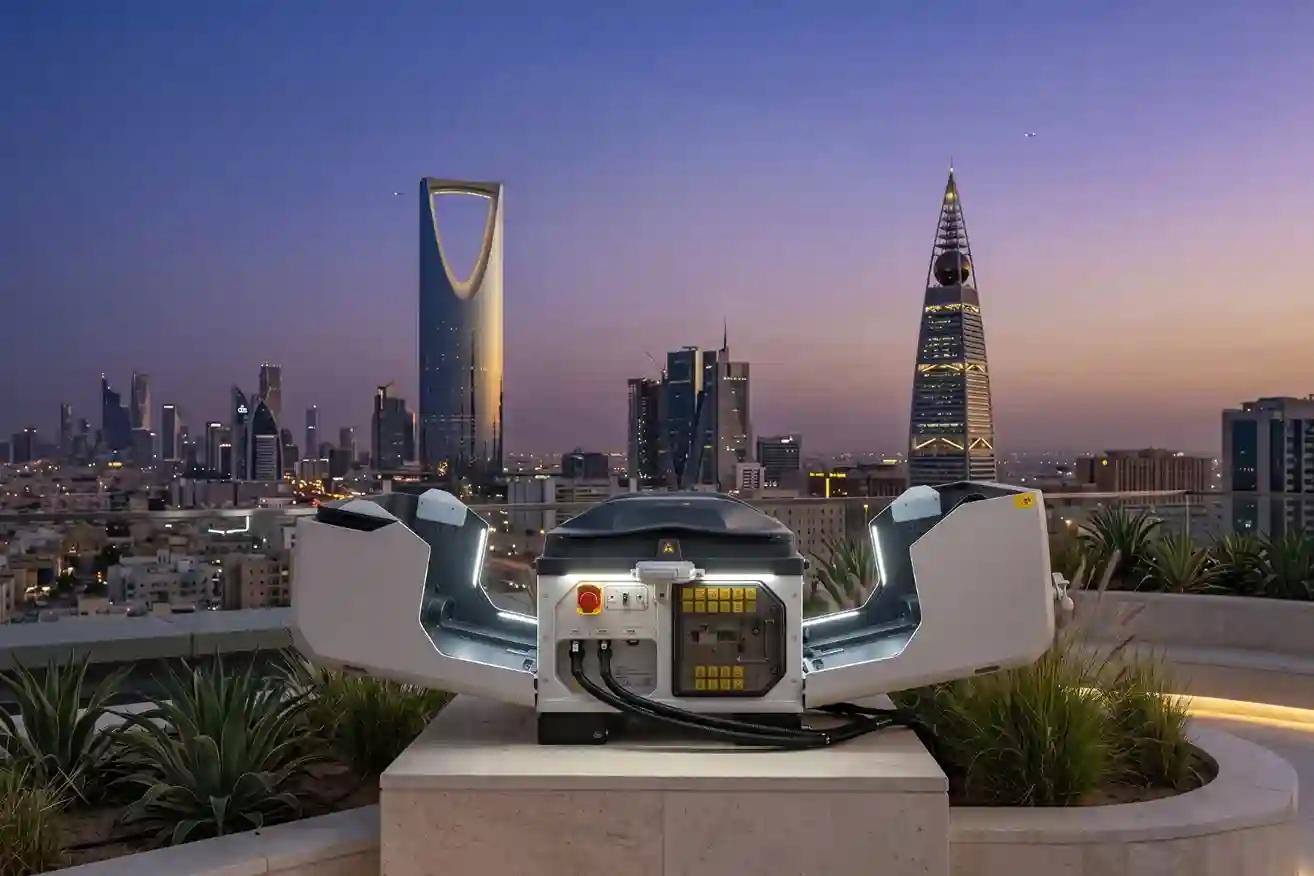 A DJI Dock 3 station mounted on a rooftop in a high-density urban area, with its weather-resistant covers open.