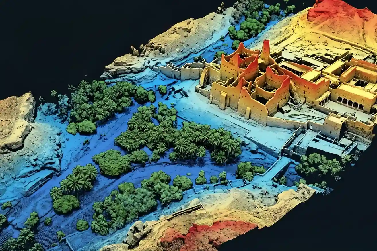 A 3D LiDAR point cloud map showing the detailed terrain and vegetation of a desert refuge at 1m² resolution.