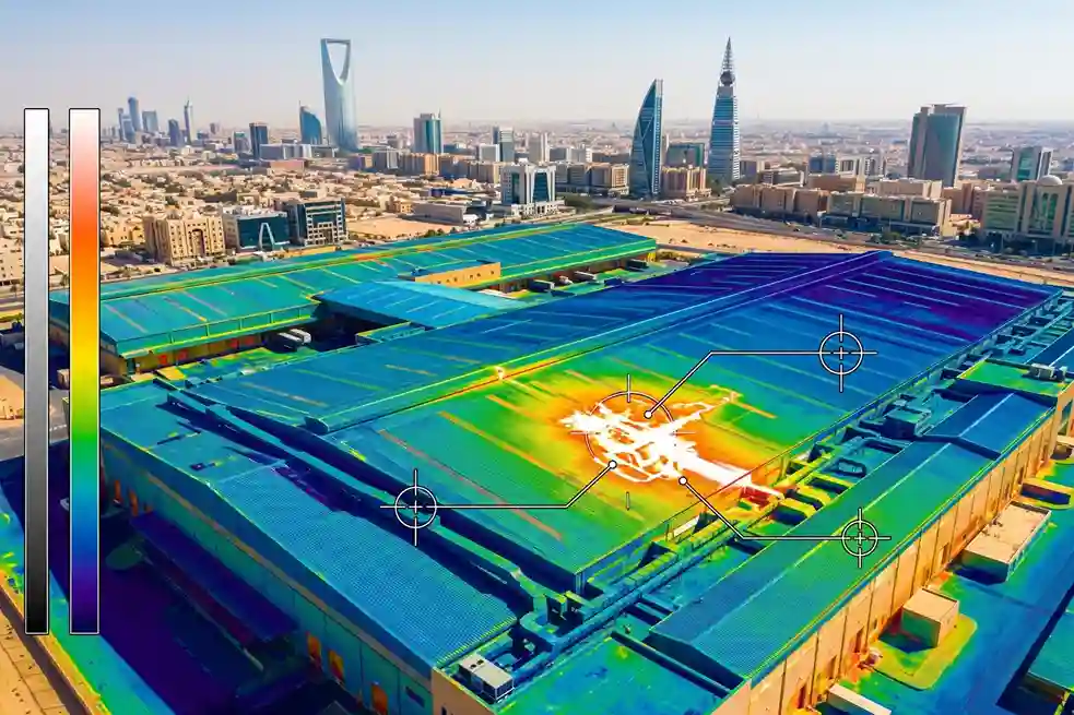 A close-up graphic of a thermal scan pinpointing a "thermal bridge" or insulation defect on a warehouse roof with temperature callouts in degrees Celsius.