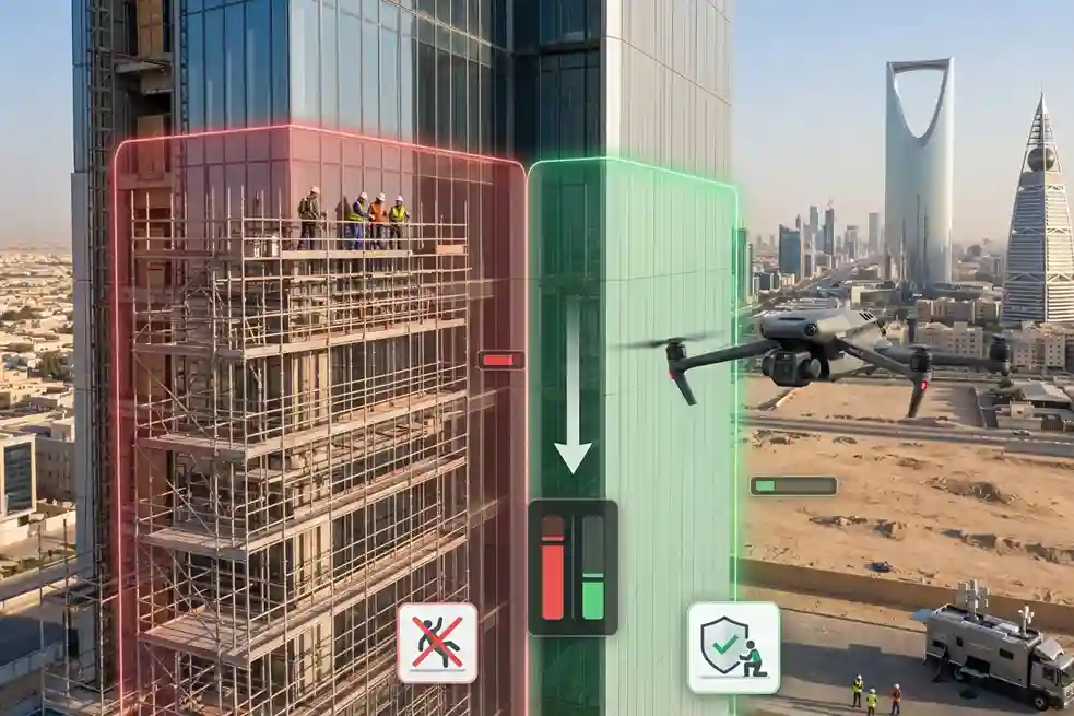 An infographic showing a small drone icon flying next to a tall building compared to an icon of workers on dangerous scaffolding, with a "34% reduction in safety incidents" badge.