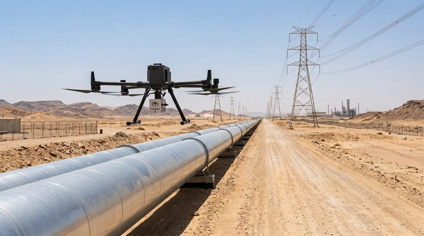 Industrial drone equipped with a LiDAR payload performing airborne scanning along a utility corridor in Saudi Arabia, to capture high-density 3D point cloud data for survey and as-built modeling.
