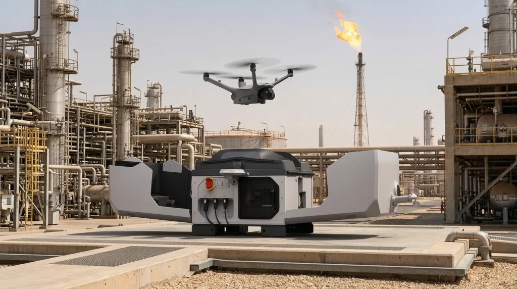 Autonomous drone-in-a-box inspection at a Saudi Arabia oil refinery: docking station and scheduled online aerial survey of industrial assets