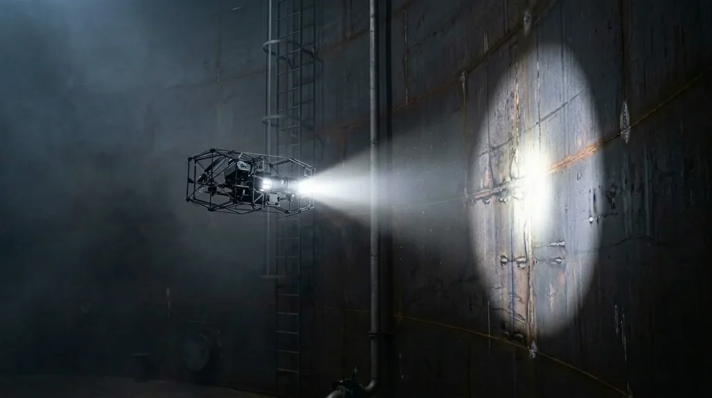 Caged drone inspecting weld seams and tank wall condition inside a Saudi Arabia industrial storage tank