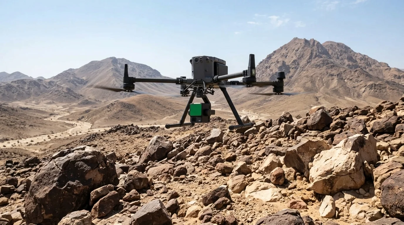DJI M350 RTK drone equipped with Zenmuse L2 LiDAR scanner conducting aerial topographic survey over rocky terrain in Saudi Arabia for real estate development
