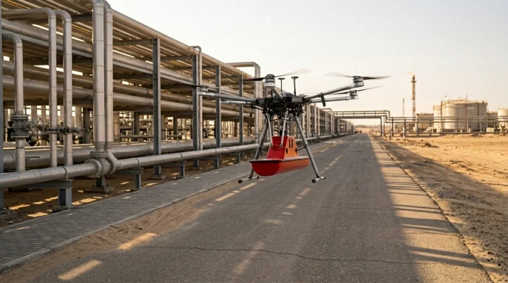 Industrial drone carrying a GPR payload to detect and map buried pipelines and cables for underground utility surveying in Saudi Arabia.