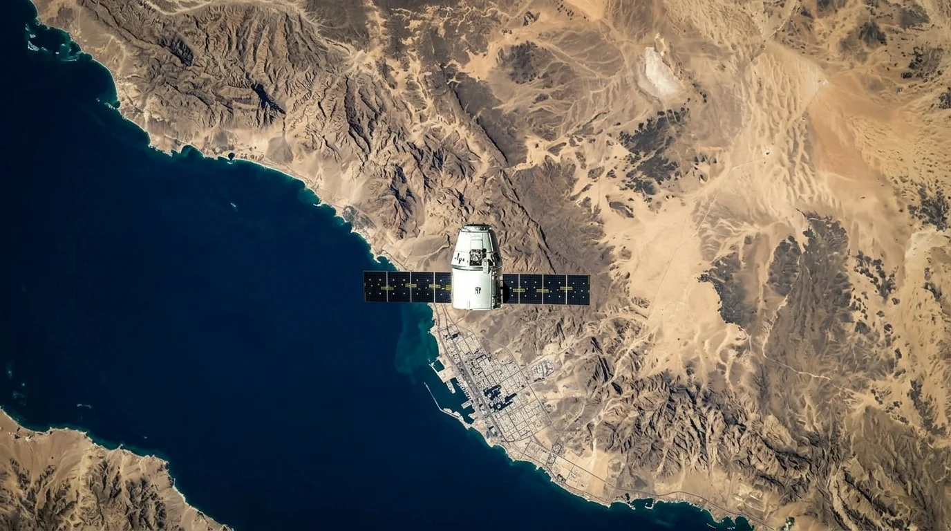 Satellite-based Earth observation of a coastal area in Saudi Arabia, used for remote sensing and large-scale monitoring of terrain and urban development.