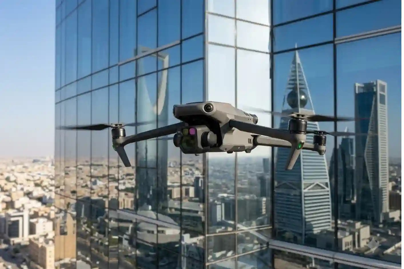 A high-resolution DJI Mavic 3 Thermal drone hovering inches away from the glass facade of a modern skyscraper in a sunlit city.