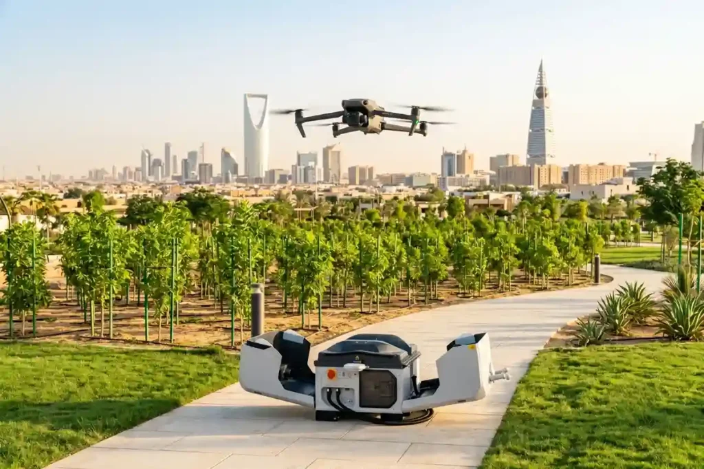 An automated drone landing on a compact DJI Dock 3 station installed inside a green municipal park in Riyadh during a clear summer day.