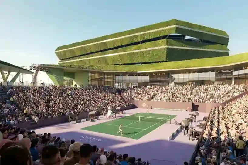 A futuristic architectural rendering of a modern sports medical facility featuring sleek glass facades and sustainable steel architecture integrated into a sweeping desert landscape.