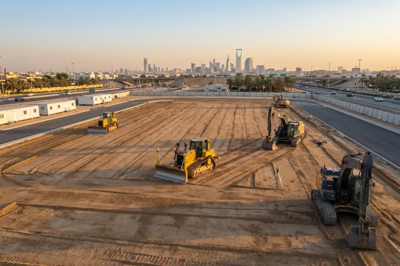 Multiple bulldozers and heavy excavators grading and leveling a massive 160,000 square meter dirt foundation pad on a large-scale industrial construction site.