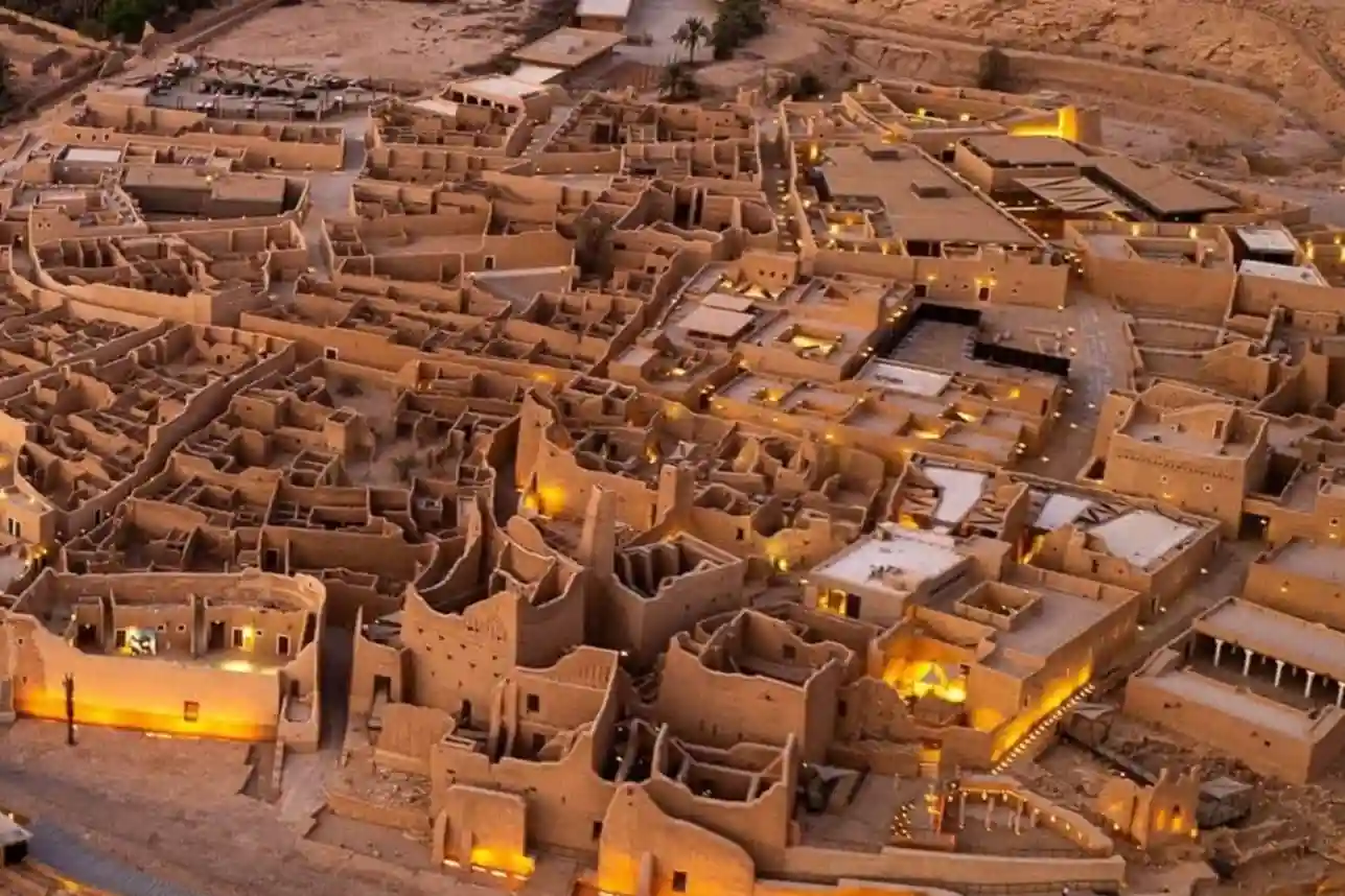 High-resolution aerial view of heavy earthmoving machinery and graded terrain at the Diriyah superblock construction site in Saudi Arabia.