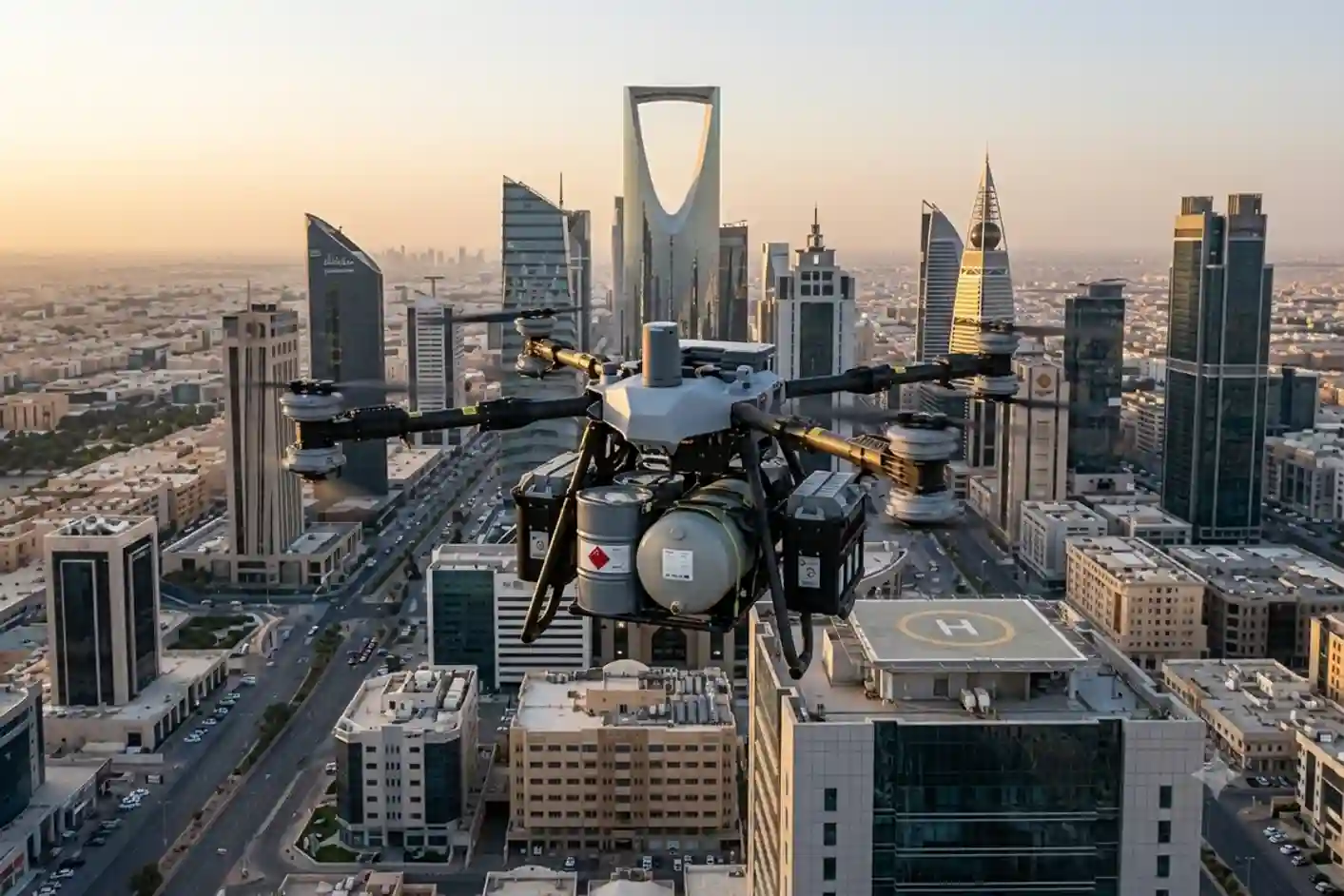 The DJI FlyCart 100 heavy-lift drone in mid-flight carrying an 85 kg payload of industrial sealant toward a high-rise rooftop.