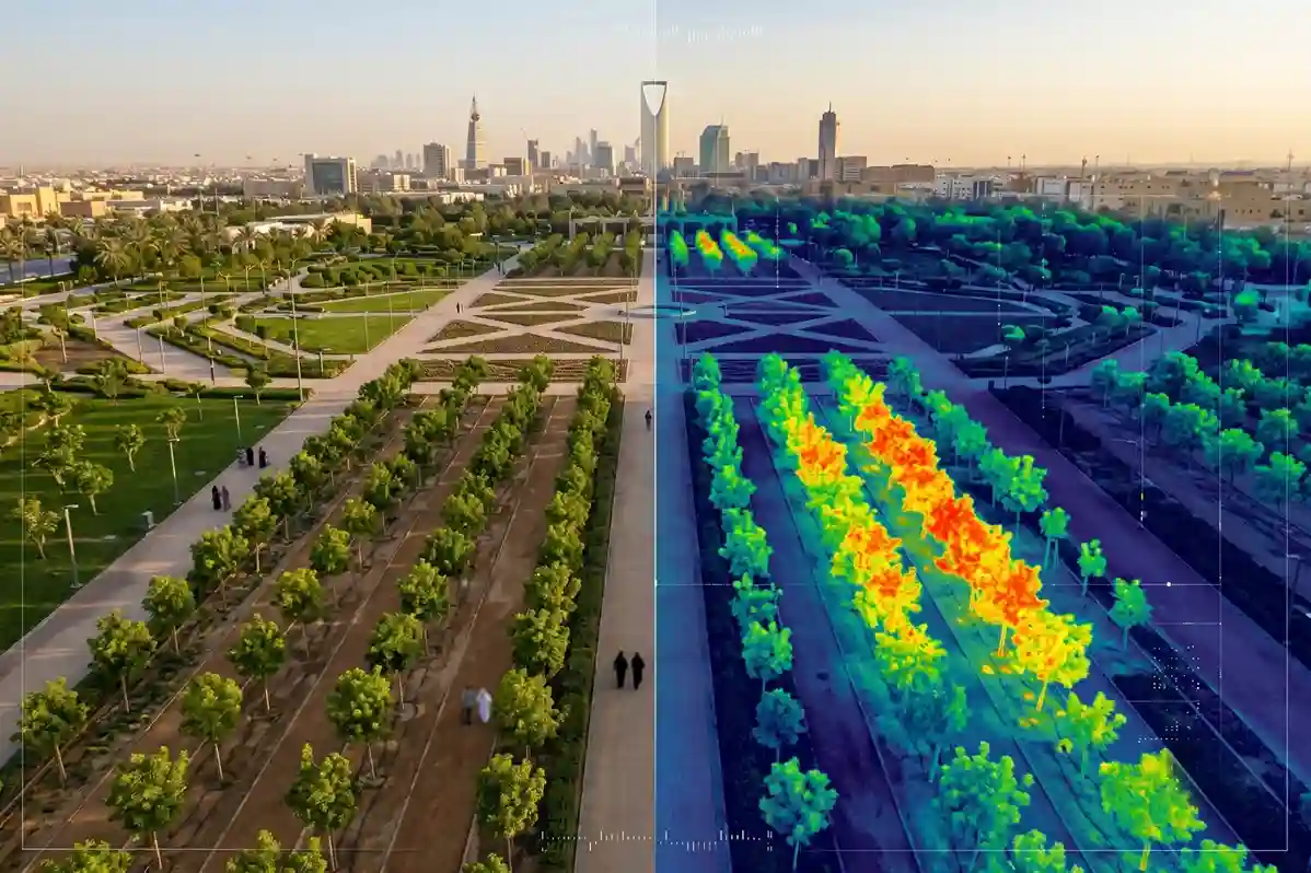 A side-by-side aerial view of a city park showing normal green trees on the left and a color-coded thermal map revealing early plant dehydration on the right.