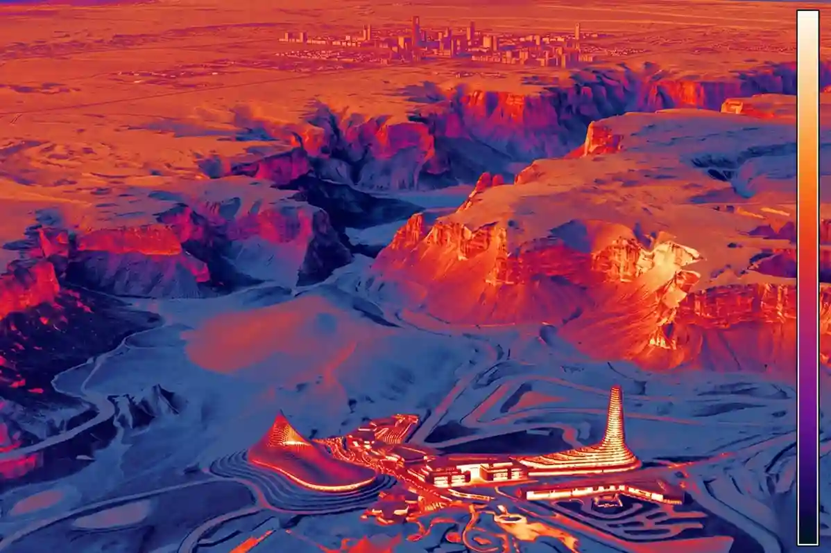 A color-coded radiometric thermal map of raw desert terrain, showing distinct surface temperature differences between rock layers and loose soil.