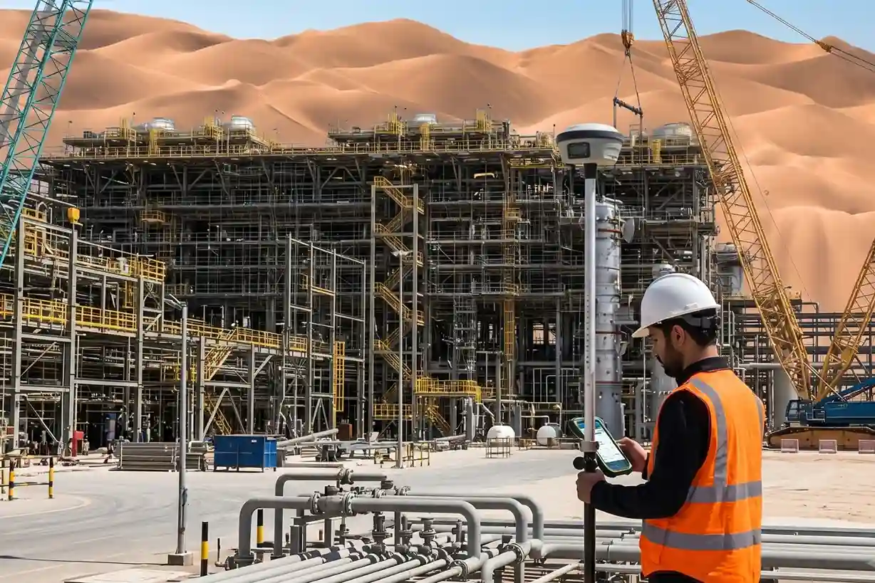 A close-up shot of an engineer using a tripod-mounted smart RTK GNSS receiver system equipped with a dual-camera setup on a rugged sand ridge under a clear desert sky.