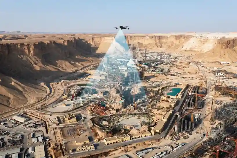 An enterprise quadcopter drone hovering in mid-air over a vast, unbuilt desert terrain plot while executing an automated topographic mapping flight route.