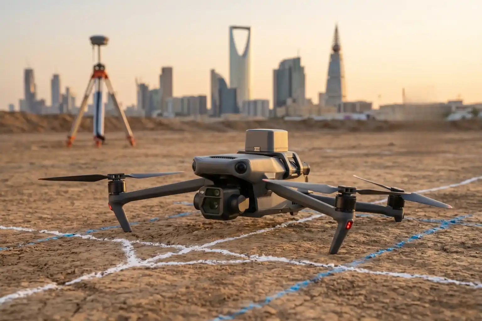 A close-up shot of a compact DJI Mavic 3 Enterprise drone equipped with its top-mounted square RTK module, sitting ready for takeoff at a construction site line.