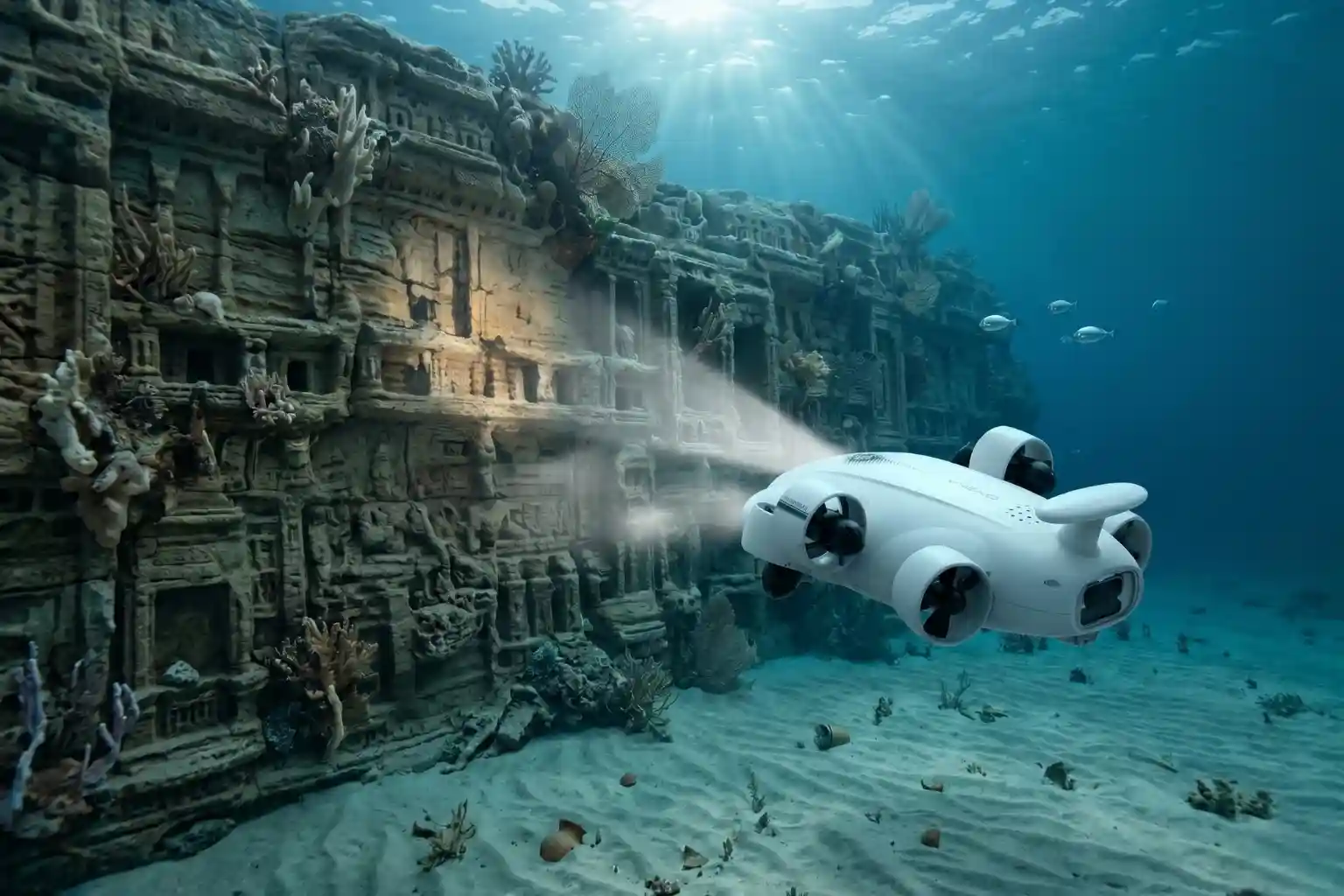A compact underwater ROV drone hovering gracefully near a large, delicate coral structure.