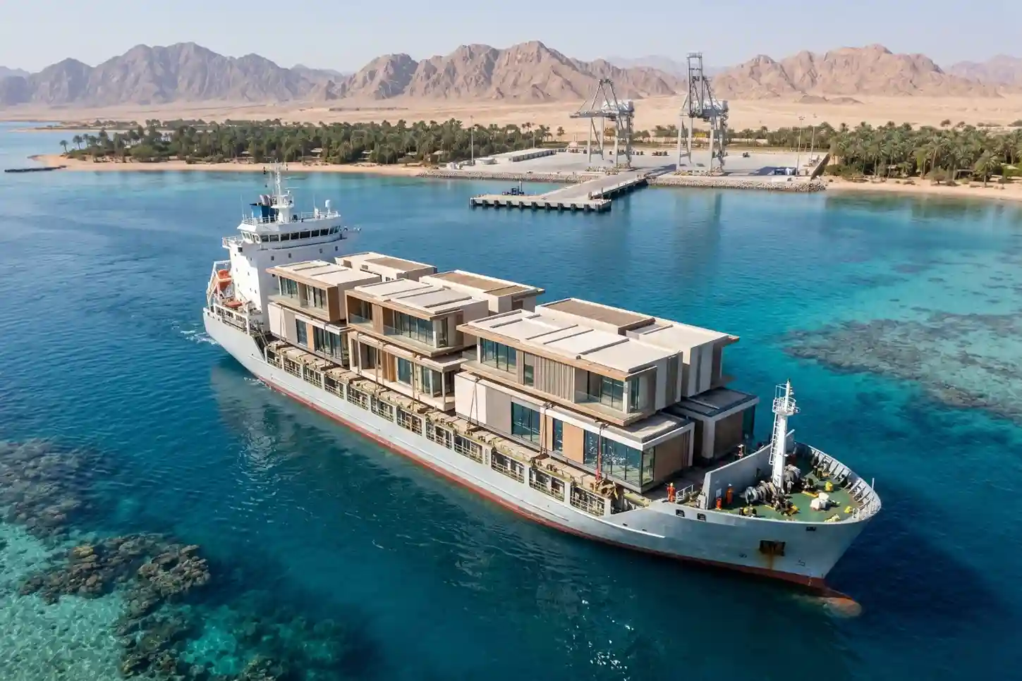 A large cargo transport barge carrying prefabricated volumetric building modules across clear ocean waters toward a coastal staging yard.