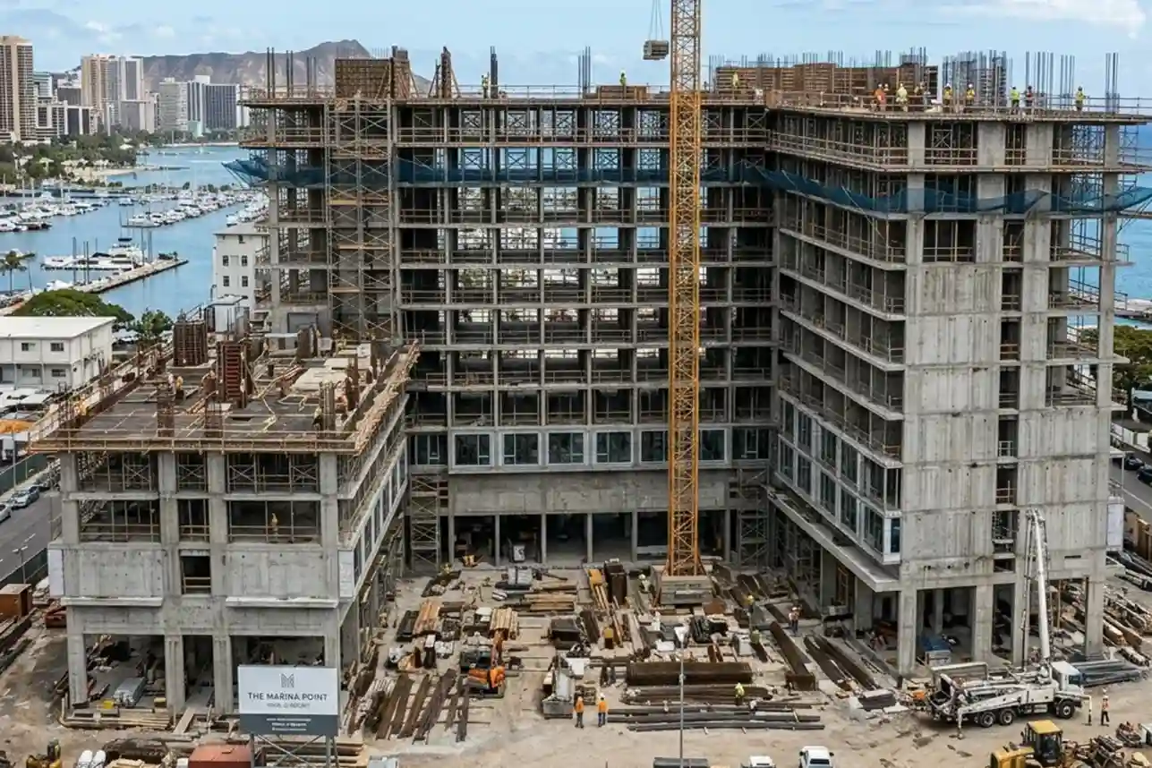 Close-up of vertical reinforced concrete foundation pillars and surveying markers on a high-density commercial construction site.