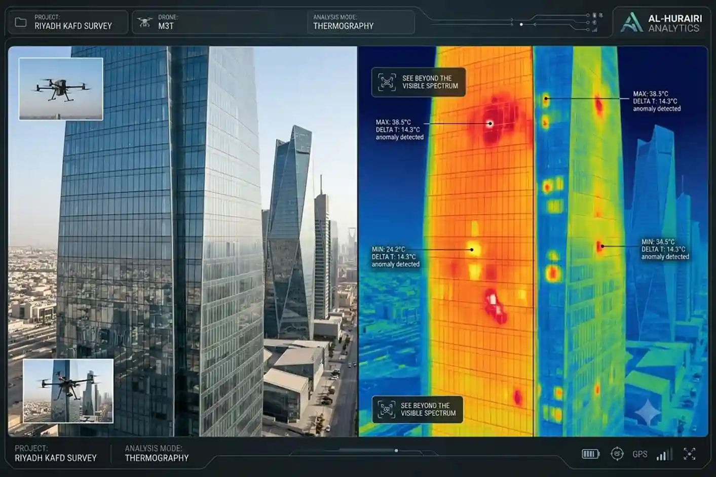 A split-screen visual showing a standard high-resolution photograph of a building wall on the left and its corresponding thermal heat map on the right.