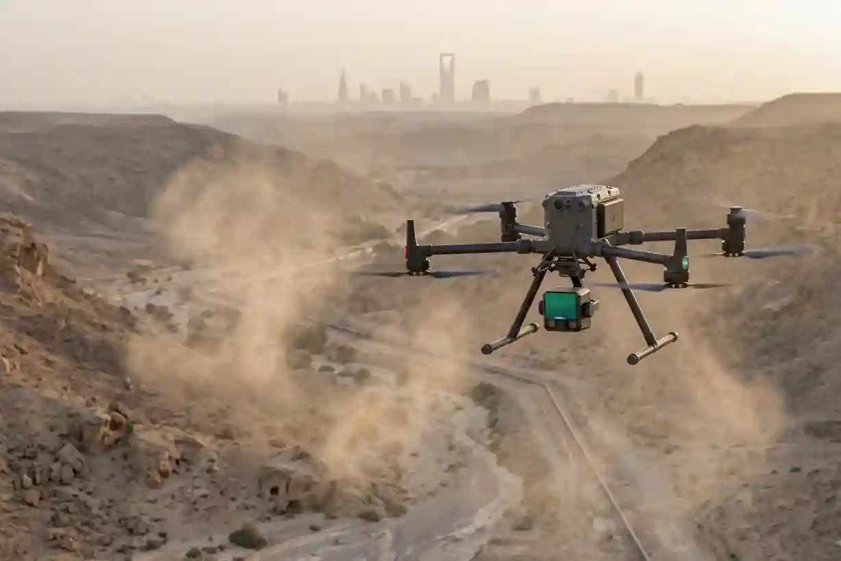 An enterprise DJI Matrice 400 drone carrying a Zenmuse L3 laser scanning payload flies an automated terrain-follow mission low over an unbuilt desert landscape filled with sparse scrub.