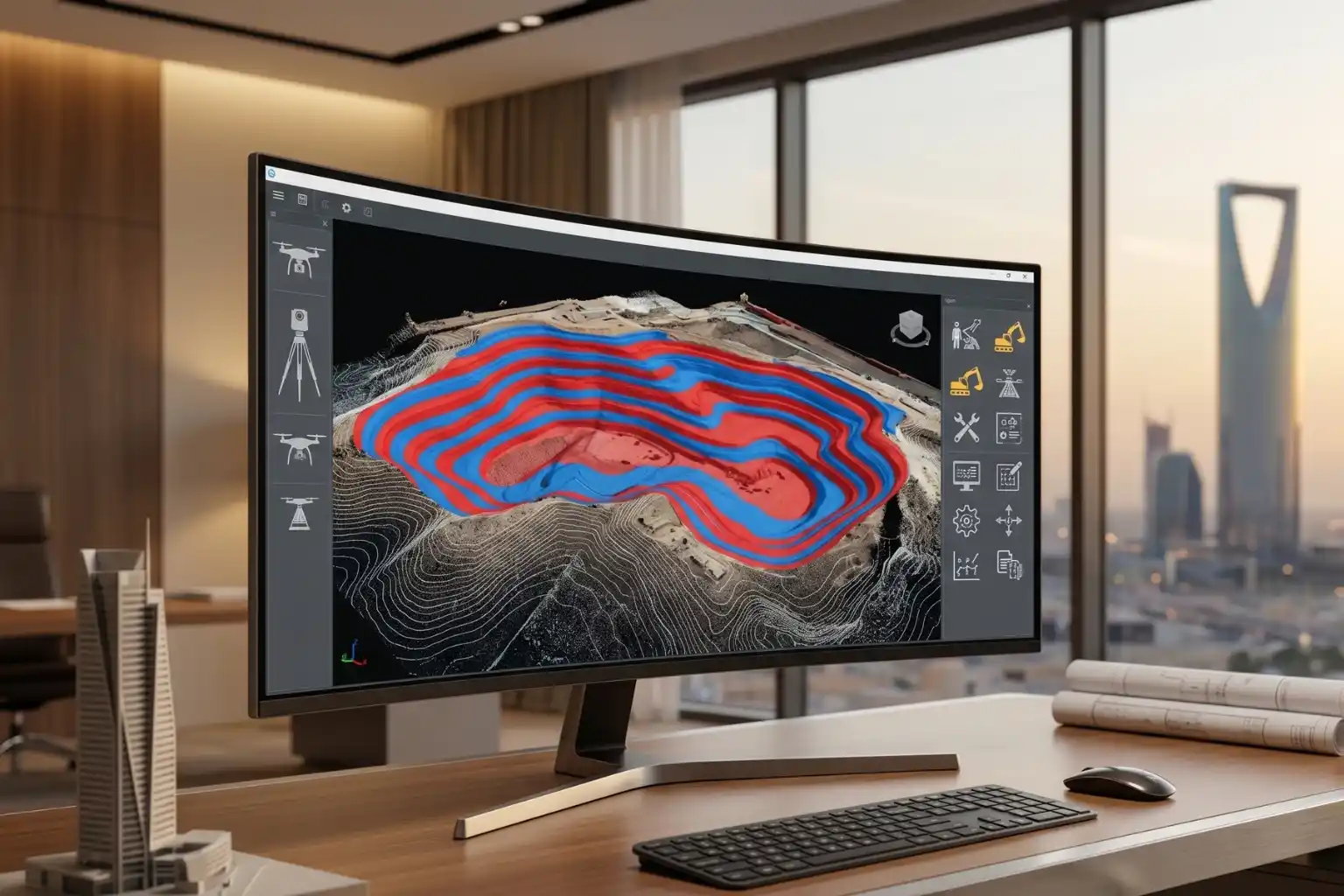 A computer monitor displaying specialized engineering software with a 3D topographic terrain model, showing red and blue color-coded layers that indicate cut-and-fill soil volumes.