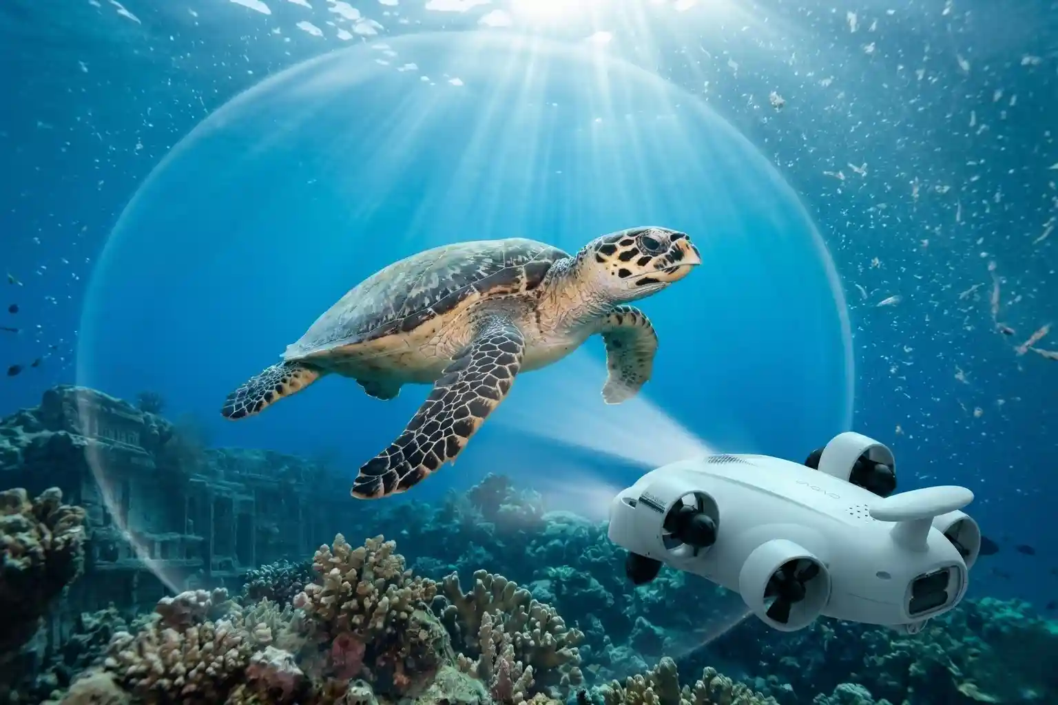 A crisp, perfectly sharp close-up photo of a sea turtle swimming over colorful ocean plants without any blur.