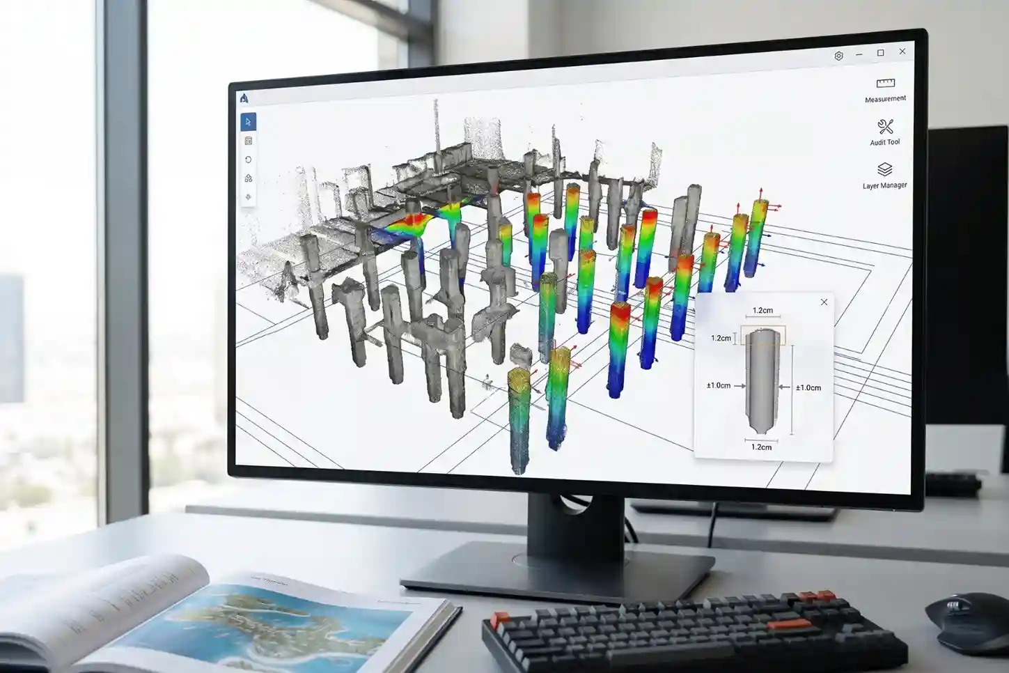 A computer screen display showing a 3D reality mesh point cloud model of an overwater foundation grid matching with digital design lines.