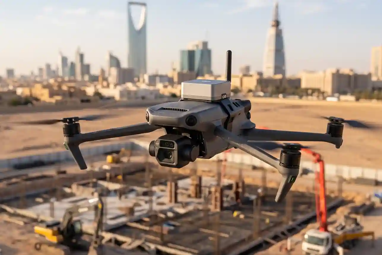 A commercial enterprise quadcopter drone with a top-mounted RTK module accessory flying over a construction site footprint.