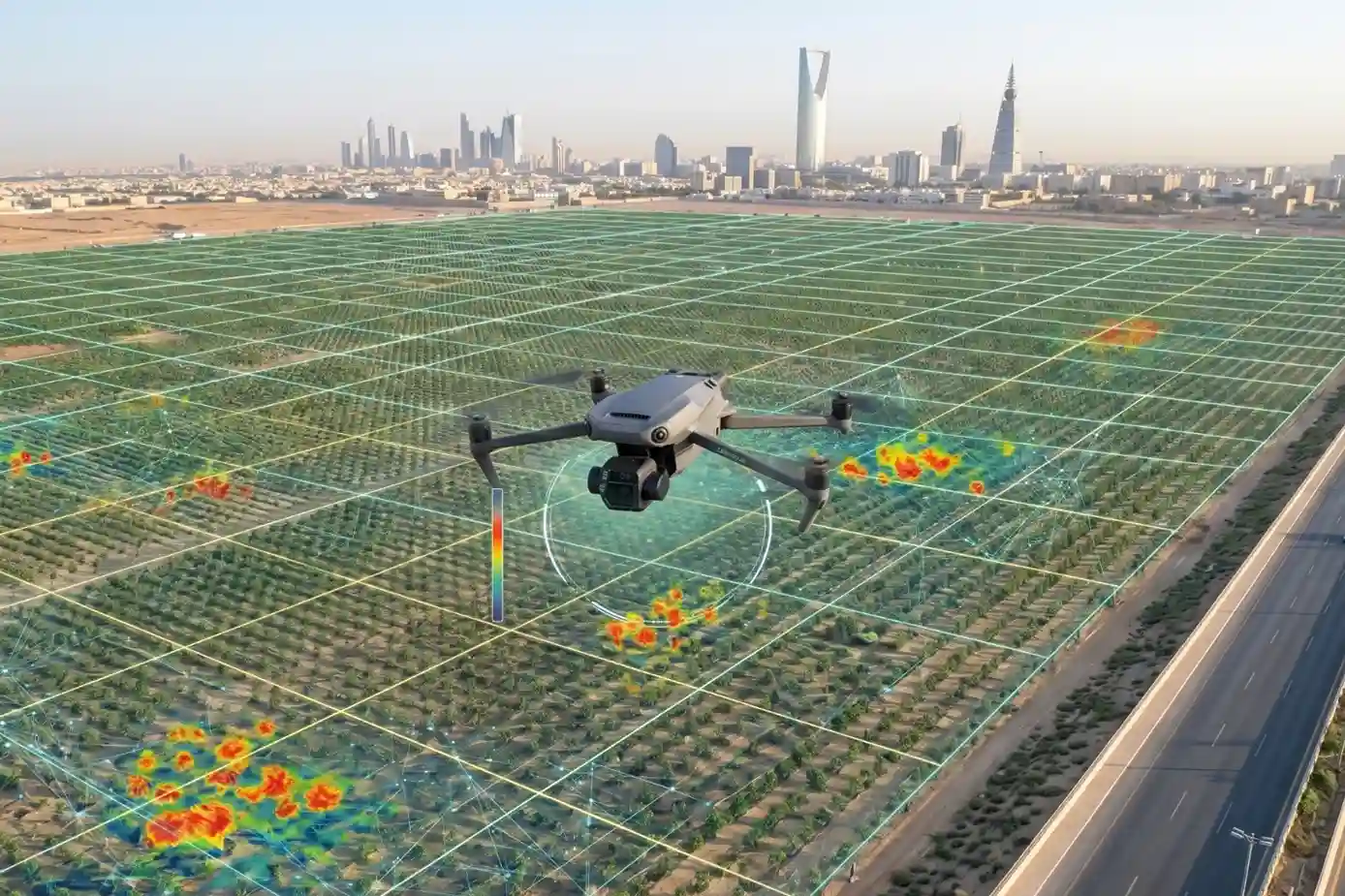An enterprise drone flying an automated grid pattern over a massive 200-hectare municipal afforestation zone along a Gulf highway.