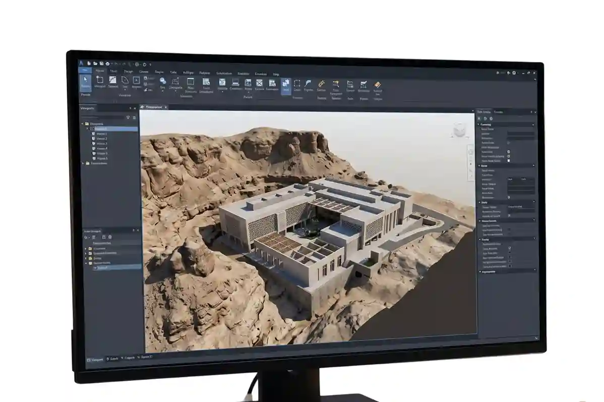 A large computer monitor displaying architectural BIM software where a 3D building model is perfectly aligned with an aerial drone terrain mesh.
