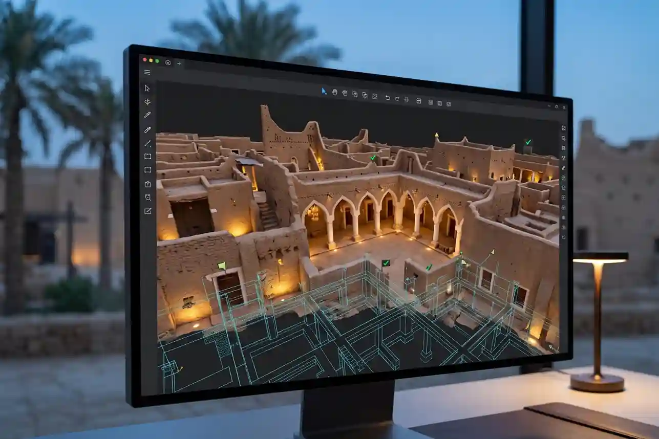 A computer screen showing a detailed 3D photogrammetry reality mesh model of building foundations overlaid with semi-transparent architectural CAD blueprints.