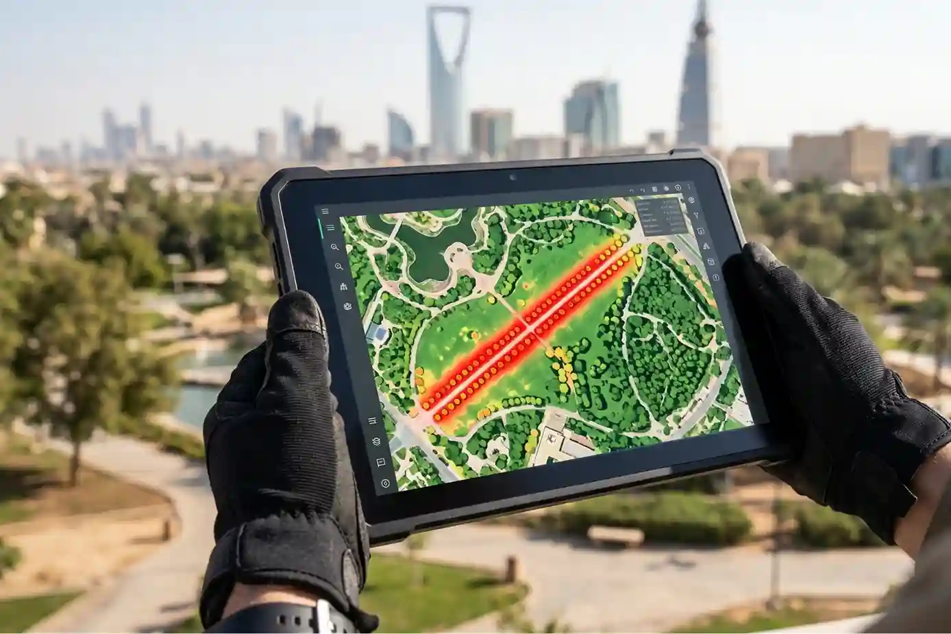 An orthomosaic NDVI vegetation index map displayed on a rugged field tablet screen, highlighting a linear irrigation failure in red.