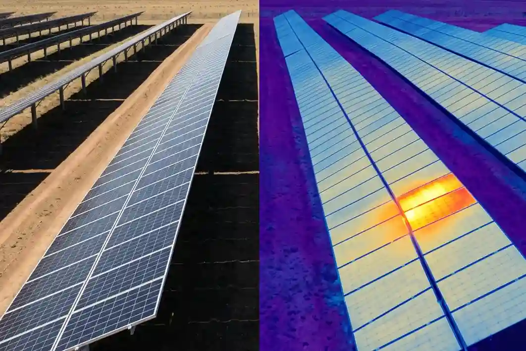 A split-screen image showing a normal visual photo of a solar panel row on the left and a brightly colored purple and yellow radiometric thermal drone scan on the right highlighting a glowing hotspot defect.