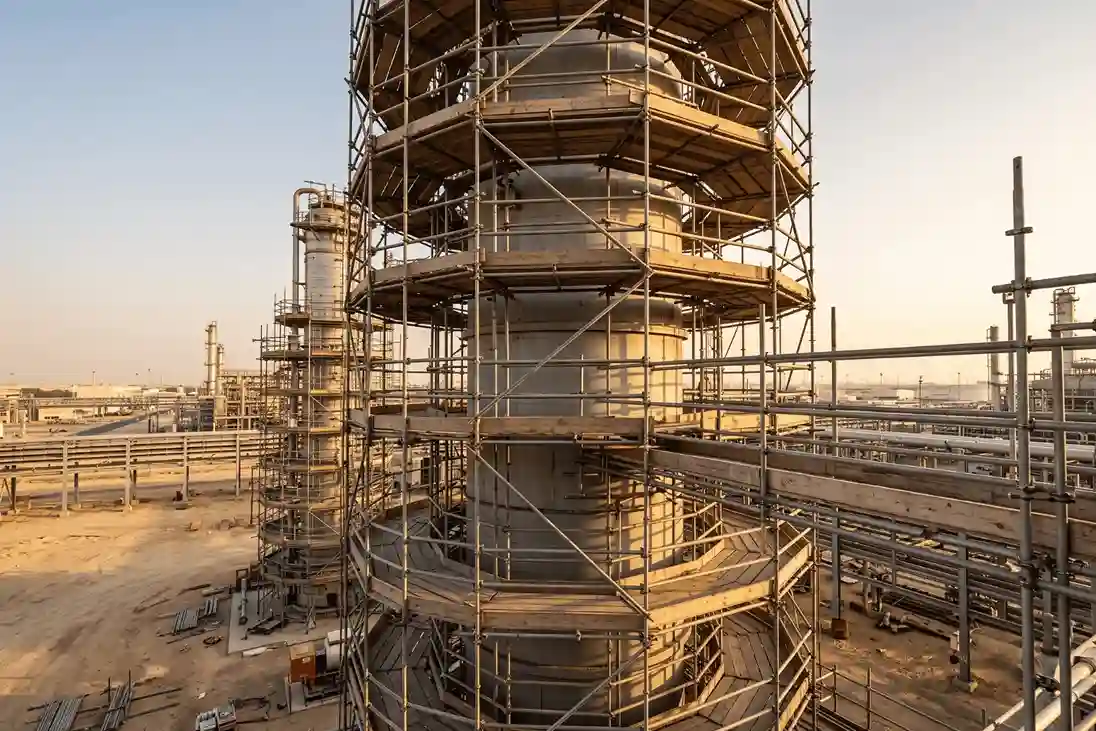 A tall steel industrial refinery processing column heavily wrapped in a complex matrix of metal scaffolding pipes and wooden walking platforms.