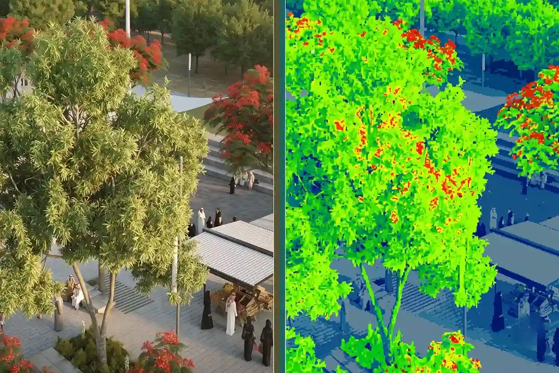 A split-screen comparison showing a standard green tree canopy photo on the left side and a color-coded NDVI multispectral heatmap on the right, highlighting healthy vegetation in bright green and stressed trees in red.