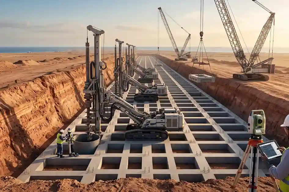 Industrial drill rigs boring vertical shafts into rocky desert ground with heavy reinforced rebar cages waiting to be placed.