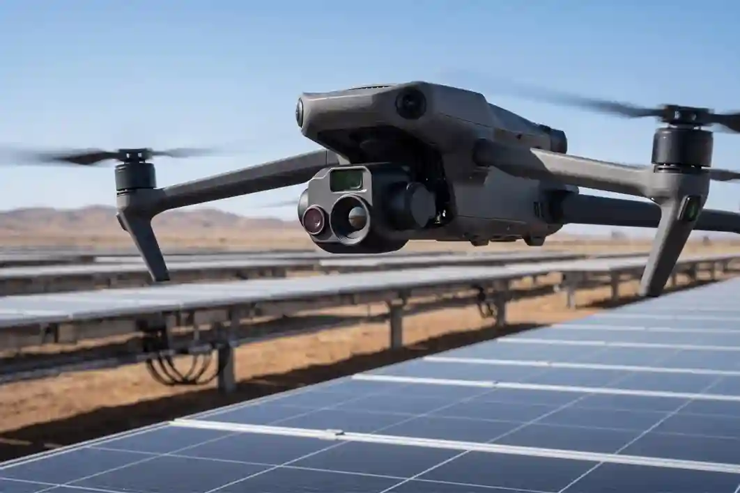 A close-up shot of a compact DJI Mavic 3 Thermal quadcopter drone floating stably in mid-air above a row of solar panels, showing its dual-lens camera payload.