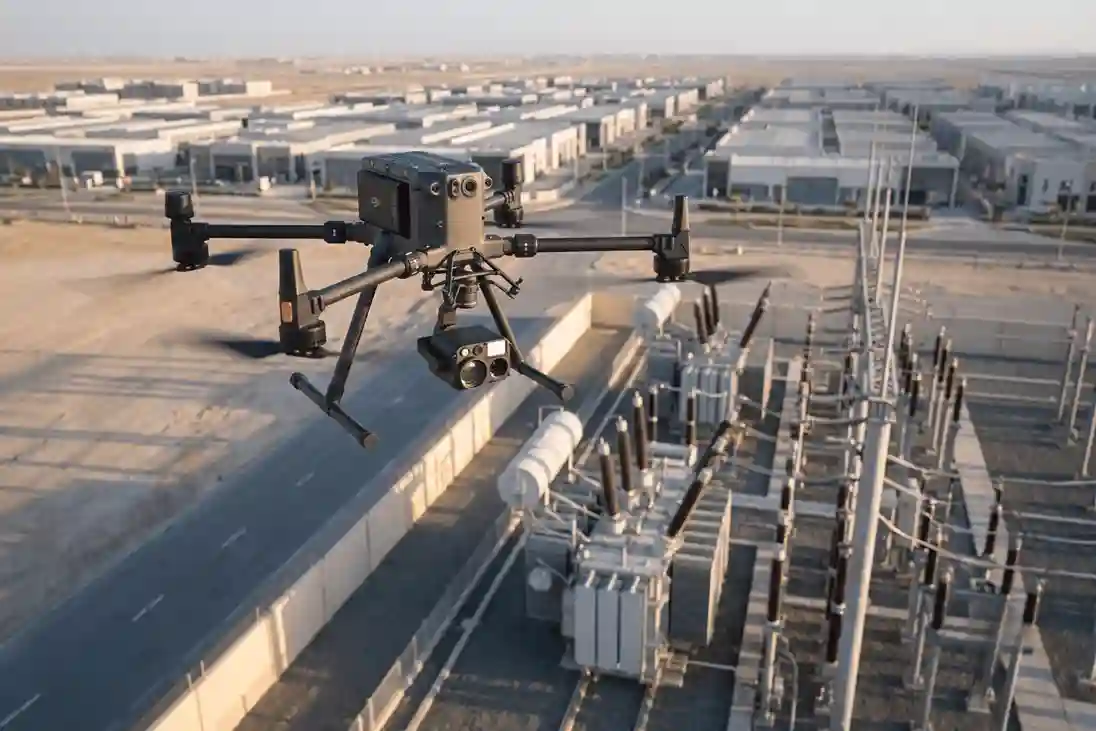 An enterprise quadcopter drone hovering steadily in mid-air near electrical substation structures, carrying a complex multi-sensor camera payload underneath.
