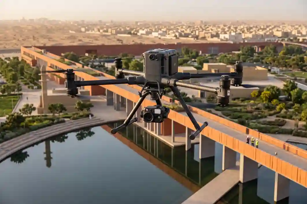 An industrial DJI Matrice 400 enterprise quadcopter drone flying stably in mid-air above an open-air construction zone in a desert environment, carrying a multi-sensor camera payload underneath.