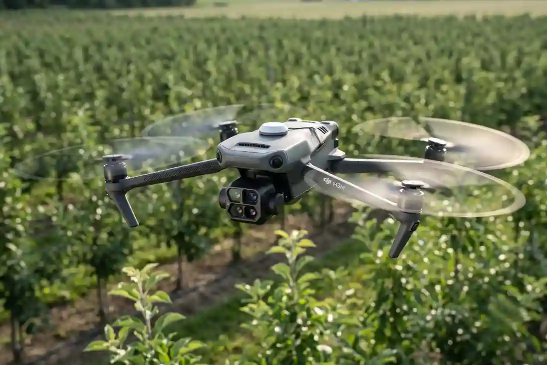 A close-up shot of a compact DJI Mavic 3 Multispectral drone hovering over young tree canopies with its camera lens payload and top-mounted solar irradiance sensor visible.