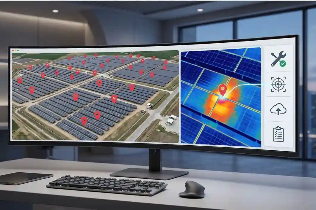 A computer monitor displaying a digital twin mapping software dashboard, showing a 3D orthomosaic layout of a solar farm with red pinpoint markers highlighting exact coordinate locations of broken components.