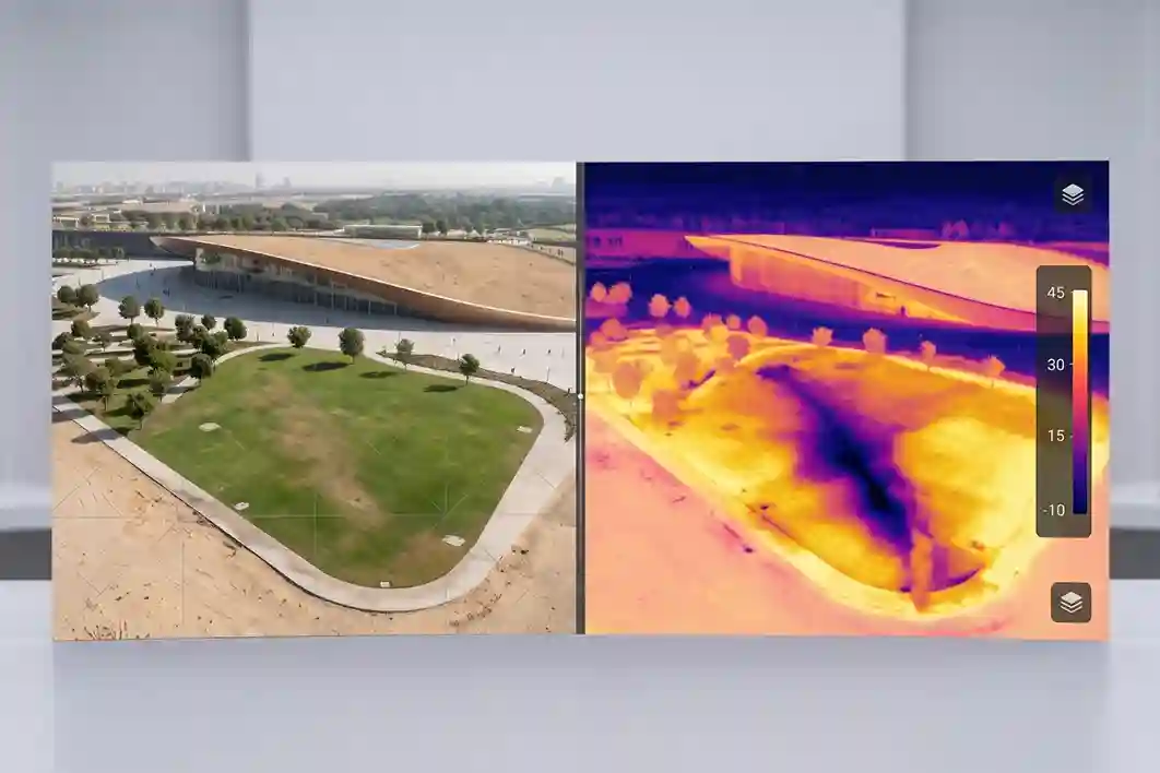 A split-screen visual displaying a standard color photo of dry desert sand on the left, and a bright purple-and-yellow radiometric infrared thermal drone scan on the right exposing a glowing dark hotspot moisture anomaly.